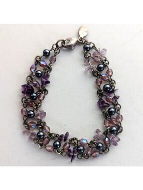 Vintage Carolee Purple Amethyst Chip Stone Beaded Chain Mail Boho Bracelet